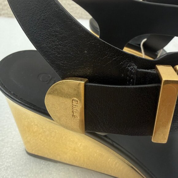 Chloé Rebecca leather sandals Black and Gold Wedge Sz 41 US 11 NEW - Picture 6 of 12